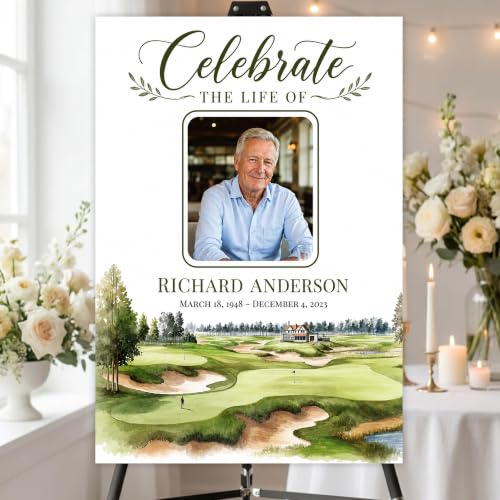 Custom Golf Course Celebration of Life Welcome Sign for Memorial Funeral | Personalized Minimalist In Loving Memory yard sign. Weather-resistant corrugated plastic decor. Add custom photo, name, dates - color: Sign18