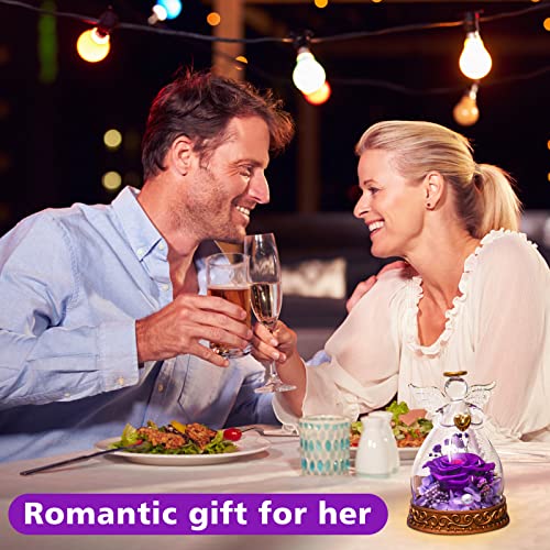 Preserved Real Rose in Glass Angel Figurine with LED Light, Angel Gifts for Women, Mom, Grandma on Mother's Day Christmas Birthday (Purple) - color: Purple