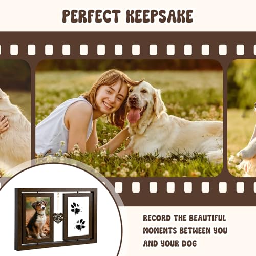 Dog Picture Frame 4x6, Paw Print Kit for Dogs, Dog Memorial Gifts for Loss of Dog Passing Away Sympathy Gifts | Rotating Wooden Double Sided Display Pet Paw & Nose Print DIY Kit - color: Brown