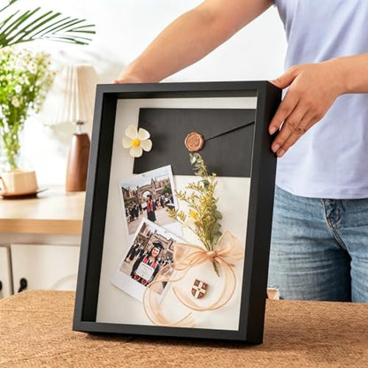 12x16 Large Shadow Box Frame with Thickened Acrylic Panel & Pins | With Push Pins, Deep 1.7" Black Shadow Box Display Case – Display on Tabletop or Wall for Jersey, T-shirt, Keepsake, Wedding - color: Black+high Definition Panel + Shatter-proof Packaging,
