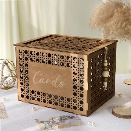 OurWarm Card Box for Wedding Decor, Hollow Rattan Pattern Wooden Card Box | Storage Envelope or Money, Vintage Rustic Wedding Card Box with Slot, for Reception Baby Shower Birthday Graduation Party - color: Brown