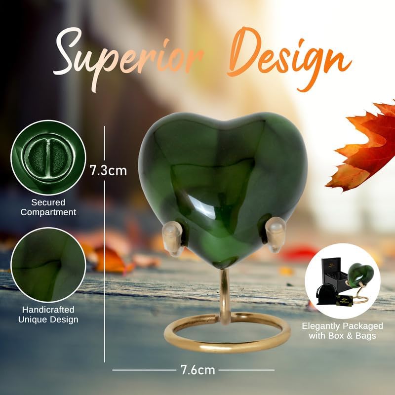 Heart Urn with Stand & Box Keepsake Urn for Human Ashes Mini Cremation Urn for Men & Women (Dark Green) - color: Dark Green