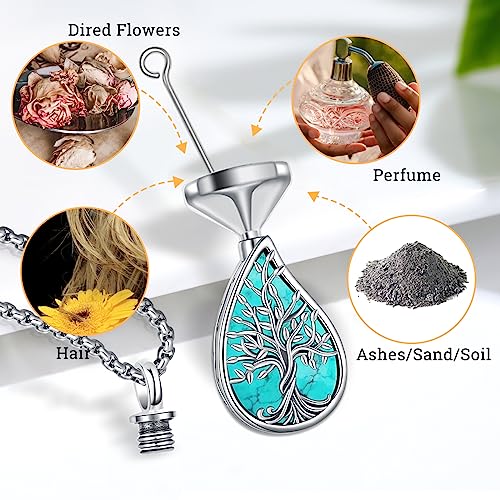 Urn Necklace for Ashes for Women/Men 925 Sterling Silver Cremation Jewelry w/Funnel Filler Memorial Jewelry Gifts - color: A-Tree of Life 3 (Turquoise), style: Customized