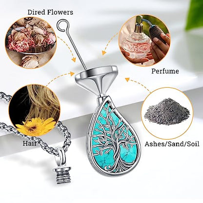 Urn Necklace for Ashes for Women/Men 925 Sterling Silver Cremation Jewelry w/Funnel Filler Memorial Jewelry Gifts - color: A-Tree of Life 3 (Turquoise), style: Customized
