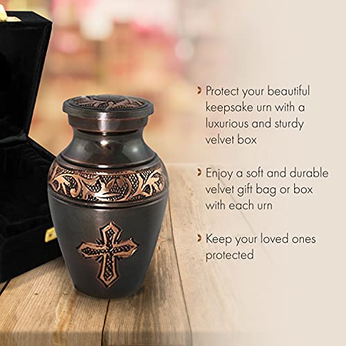 Bronze Cross Keepsake Urns for Human Ashes with Velvet Gift Box for Cremation Keepsakes for Ashes - Small Cremation Urn and Small Keepsake Urn Set of 4 - color: Brushed Bronze Cross