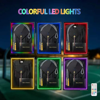 IHEIPYE Large Black Graduation Shadow Box Frame with LED Lights | Wall Mounted Lockable, UV-Protective Door, Keepsake Display Case, Holds Cap, Gown, Diploma, Tassel, Medals - size: LargeLED-Black