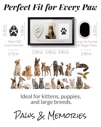 Pet Paw Print Keepsake Kit - Large High-Density MDF Wood Memorial Frame with Pet-Safe Clay & Clean-Touch Ink Pad - 3 Mats & 80+ DIY Decorations - Dog/Cat Growth Record & Pet Loss Gift, Black