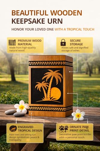 Urn with Tropical Palm Tree & Sunset Design – Decorative Cremation Urn for Ashes – Memorial Keepsake Box [Available urn Box in 5 Different Sizes] ((Full Size 14X7.5 600 Cubic INCHES))