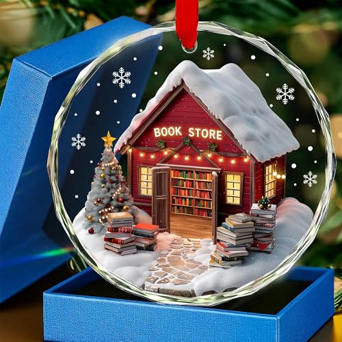 Bookstore Christmas Glass Ornament W/Ribbons & Gift Box, Book Lovers Ornaments for Christmas Tree Hanging Decorations, Book-Lover Gifts for Book Club. Women, Bookworm Librarian Girls Daughters Sister - color: Book Store