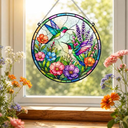 Hummingbirds with Flowers Memorial Suncatcher, 8" Christian Stained Glass Wavy Acrylic, Sympathy Gift for Loss of Loved One, Mom, Dad, Grandma, Family Members, Religious Gifts for Women - color: Hummingbird Round