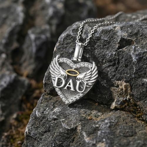 Family Members Urn Necklace for Ashes 925 Sterling Silver Angel Wings Heart Cremation Memorial Keepsake Pendant Jewelry for Loved One's Ashes, with 18" + 2" Stainless Steel Chain - style: Heart-Daughter