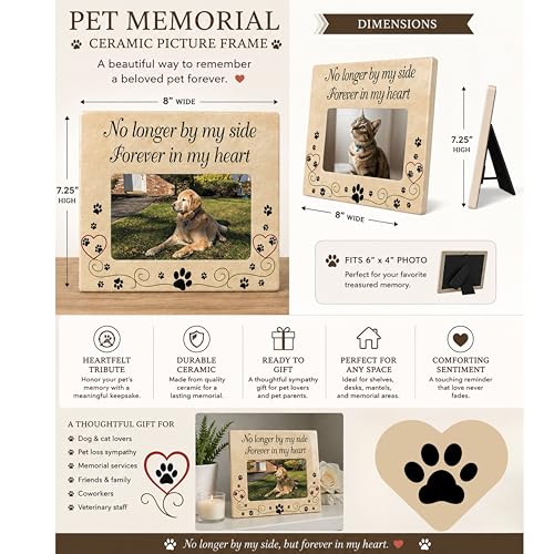 Pet Memorial Picture Frame, Ceramic Pet Loss Gift with Sympathy Quote “No Longer By My Side Forever In My Heart” – Dog & Cat Memorial Photo Frame for Rainbow Bridge Remembrance – 8” x 7.25” - size: 1 pack