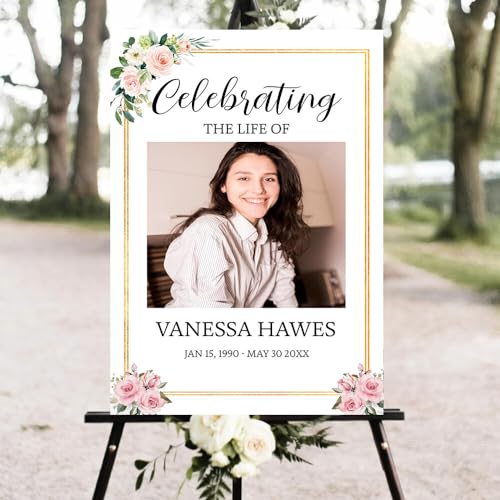 Personalized Celebrating Life Sign - Pink & White Floral, In Loving Memory Blush Flower, Life Celebration Sign, Memorial Service, Obituary, Funeral Decor - color: Version 2