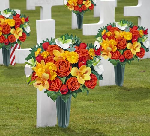 Artificial Cemetery Flowers,Memorial Flowers,Beautiful Arrangements for Headstones,Silk Rose Daisy Cymbidium Spathiphyllum