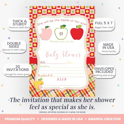 Apple of My Eye Baby Shower Girl Invitations, 20 5x7 Fill In Cards with Twenty White Envelopes by AmandaCreation™ - style: Apple of My Eye Girl
