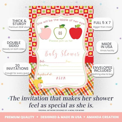 Apple of My Eye Baby Shower Girl Invitations, 20 5x7 Fill In Cards with Twenty White Envelopes by AmandaCreation™ - style: Apple of My Eye Girl