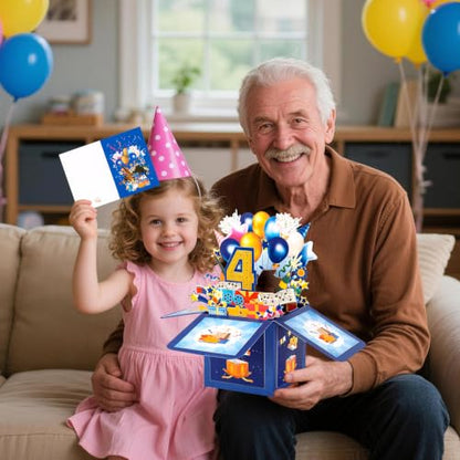 GREETING ART Happy 4th Birthday Pop Up Card,Funny Guitar Ballons Box Themed - color: 4th