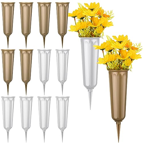 Lallisa 12 Pcs Cemetery Vases with Spikes Plastic Memorial Floral Grave Flower Holder Cone In Ground Vases with Stakes for Lawn Headstone Graveside Decoration Artificial Fresh Flowers(White, Bronze) - color: White, Bronze