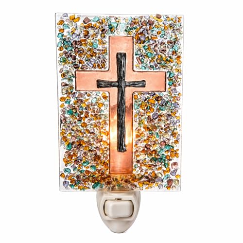 J Devlin Stained Glass Cross Night Light, Christian Plug in Night Light