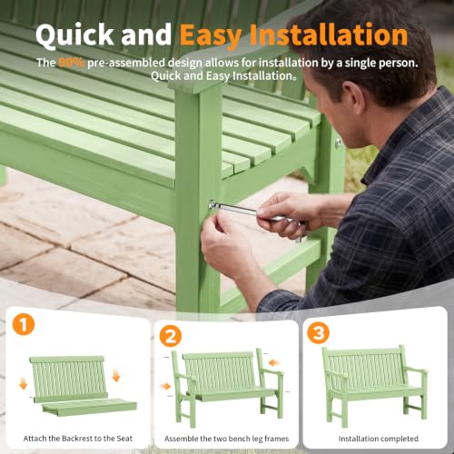 2-Person Outdoor Bench with 700 Lbs Weight Capacity, Green | Poly Lumber Weatherproof Garden Bench Seating for Porch, Balcony and Park, All-Weather Patio Bench Furniture - color: Green