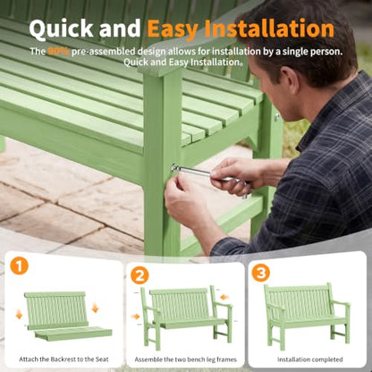 2-Person Outdoor Bench with 700 Lbs Weight Capacity, Green | Poly Lumber Weatherproof Garden Bench Seating for Porch, Balcony and Park, All-Weather Patio Bench Furniture - color: Green
