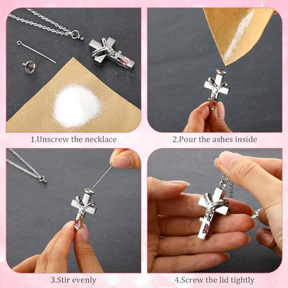 Huquary 16 Pcs Urn Necklace for Ashes Waterproof Stainless Steel Carved Ashes Locket with 8 Filling Kit Heart Cylinder Cross Cubic Fish Hook Jewelry for Ashes with Wing Diamond for Men Women - color: Pink