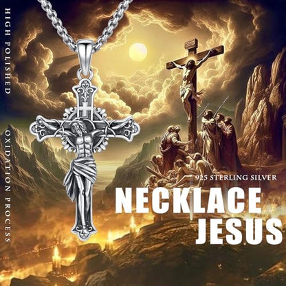 Crucifix Necklace for Men 925 Sterling Silver Jesus Cross Necklace Crucifix Cross Pendant Protection Jewelry for Men Women - style: A02-Hanging Cross-Vintage