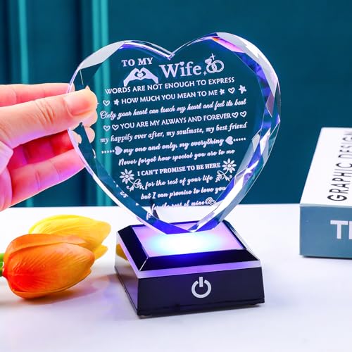 Arikyrist Romantic Wife Gifts from Husband with Colorful LED Base Anniversary Birthday Gift for Wife Crystal Keepsake I Love You Gifts for Her on Mothers Day Valentine Christmas - style: Wife Gifts + Light Base