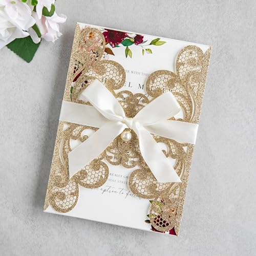 20Pcs Gold Glitter Laser Cut Wedding Invitation Cards With Envelopes - color: Gold Glitter