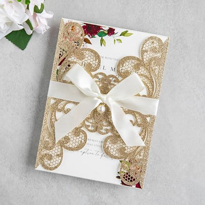 20Pcs Gold Glitter Laser Cut Wedding Invitation Cards With Envelopes - color: Gold Glitter