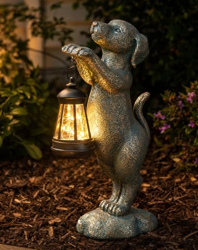 Solar Dog Garden Statue - Puppy Holding Lantern Outdoor Decor, Waterproof Resin Yard Art Figurine with Warm LED Light for Lawn, Patio, Porch & Pathway, Perfect Housewarming Gift for Dog Lovers - color: Bronze Dog