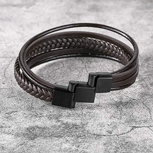 Mens Leather Bracelet with Clasp Cowhide Multi-Layer Braided Leather Mens Bracelet - style: brown leather&black clasp&9.2