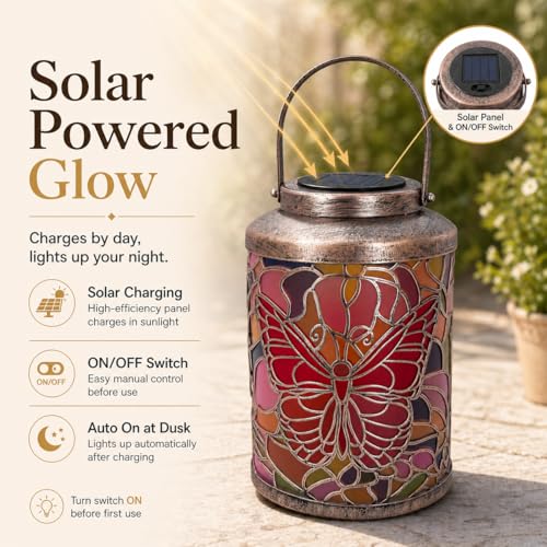 Solar Lanterns Outdoor Waterproof Butterfly Metal Hanging Light | Metal butterfly LED lantern with handle for hanging decor on patio, yard, porch, pathway and garden, gifts for women and mom - style: Butterfly