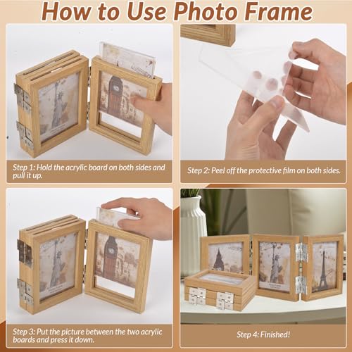 Collage Picture Photo Frames - 3.5x5, Triple Hinged 3 Desk Picture Frame, Wooden Desk Tabletop Family Photo Frame with Glass Opening, Decorative Folding Trifold Picture Frame Stand Vertical, Natural Wood - style: Collage Natural Wood 3-Fold,3×3.5"