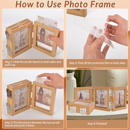 Collage Picture Photo Frames - 3.5x5, Triple Hinged 3 Desk Picture Frame, Wooden Desk Tabletop Family Photo Frame with Glass Opening, Decorative Folding Trifold Picture Frame Stand Vertical, Natural Wood - style: Collage Natural Wood 3-Fold,3×3.5"