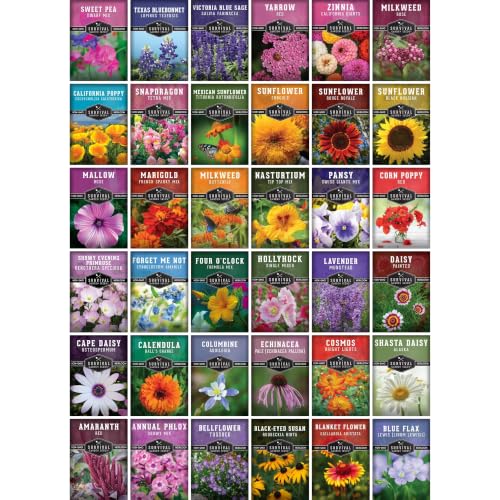 Flower Garden Seeds 36 Variety Kit - Heirloom Starter Pack | 36 Packs of Annual & Perennial Flowers for Planting – Wildflowers for Pollinators, Bees, Butterflies - Survival Garden Seeds