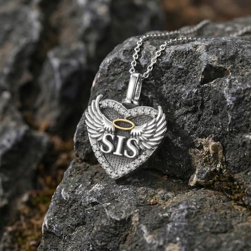Family Members Urn Necklace for Ashes 925 Sterling Silver Angel Wings Heart Cremation Memorial Keepsake Pendant Jewelry for Loved One's Ashes, with 18" + 2" Stainless Steel Chain - style: Heart-Sister
