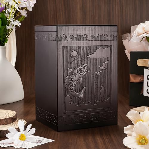 Abooxiu Cremation Urns for Human Ashes Adult Male Female, Wooden Medium Keepsake Urns Box Casket for Ashes, Burial Funeral Memorial Fishing Urn Decorative Urns for Men Women - Up to 200 lbs