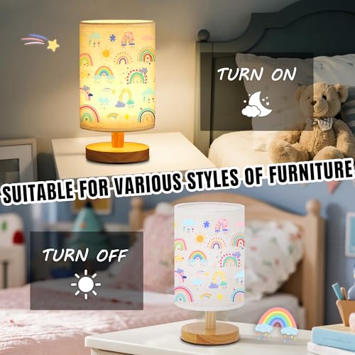 WSYEAR Rainbow Kids Table Lamp for Bedroom Kids Bedside Lamp with Linen Wooden Nightstand Cartoon Nursery Lampshade for Girls Boys Living Room - color: Rainbow
