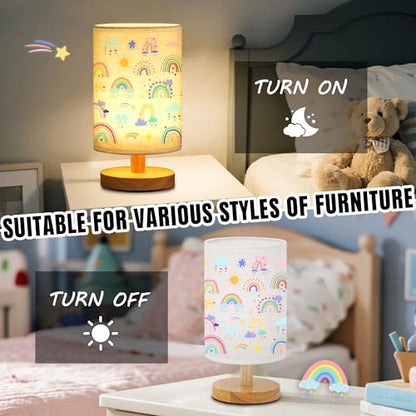 WSYEAR Rainbow Kids Table Lamp for Bedroom Kids Bedside Lamp with Linen Wooden Nightstand Cartoon Nursery Lampshade for Girls Boys Living Room - color: Rainbow
