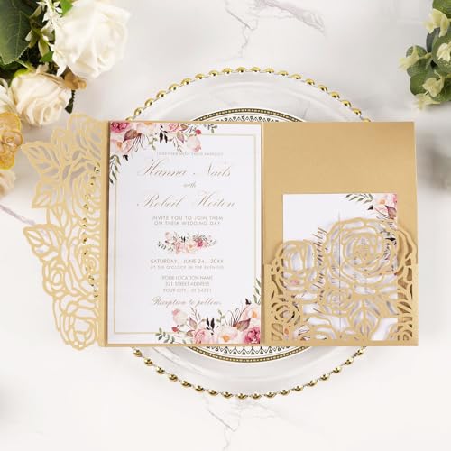 50pcs Gold Laser Cut Wedding Invitations Card with Envelope and RSVP Cards | Laser Cut Invitations Pocket Tri-Fold Wedding Invitation Kit for Engagement Bridal Shower Birthday Quinceanera Party Invite - color: Gold
