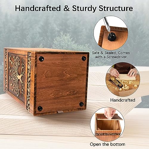 Wooden Cremation Urn for Human Ashes Adult Male Female 250 lbs, Engraved Tree of Life Decorative Funeral Urns Box and Casket for Ashes Men Women with Satin Bag Burial or Memorial(Tree of Life)