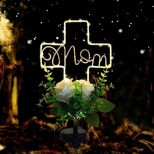Lmtocs Grave Decorations for Cemetery Mom, Memorial Sympathy Gifts for Mom Cemetery Decorations, Waterproof Solar Cross Lights with Rose Flower for Christmas Mother Day Memorial Day Decor - color: Mom-Rose