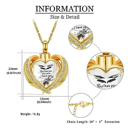 shajwo Angel Wing Heart Urn Ashes Necklace for Women Men | Cremation Jewelry,Birthstone Necklace of Loved One,Memorial Pendant for Human Pet - color: Gold-White