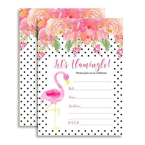 Amanda Creation Pink Watercolor Polka Dot Flamingo Fill In Party Invitations, set of 20 including envelopes - style: Pink Watercolor Polka Dot Flamingo