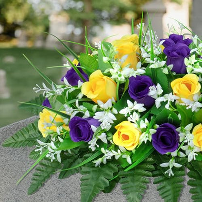 LVXINLI Artificial Cemetery Flowers Saddle-Shaped Tombstone Decorations Non-Fading UV-Resistant（ Yellow+Purple Saddle） - color: Yellow+purple Saddle