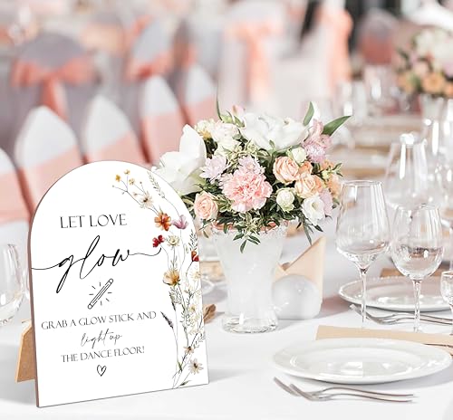 Wildflower Let Love Glow Sign, Wedding Ceremony Signs, 6 x 8 Inch Arch Wooden Tabletop Sign with Stand, Wedding Reception Decoration Supplies (AG09) - color: Let Love Glow