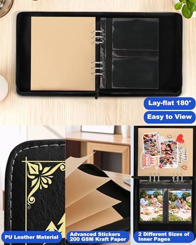 Adventure Leather Photo Album 4x6 200 Photos, DIY Scrapbook with 50 Sheets and 20 Blank Kraft Sheets, Travel Souvenir Diary Photo Book for Family Wedding Baby and Holiday Pictures - color: Black-text