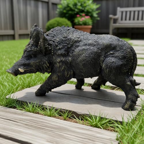 Wild Boar Statue, 21.26 in Dark Bronze-Tone Resin Garden Sculpture | Textured coat and visible tusks; low forward-moving pose for patios, lawns, woodland displays, hunters, and wildlife fans - color: Wild Boar