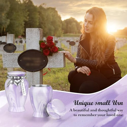 Dletay Small Urns for Human Ashes Keepsake 2.85 Inches Memorial Mini Cremation Urn for Women Men Aluminum Decorative Funeral Urns - Light Purple